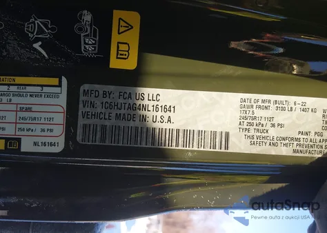 2022 Jeep Gladiator Altitude 4X4 z USA, uszkodzony, nr VIN 1C6HJTAG4NL161641